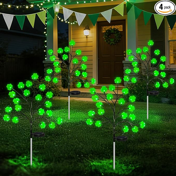 4 Pack St Patricks Day Solar Outdoor Lights, 80 LED St Patricks Day Decorations, Solar Shamrock Stakes Lights with 8 Modes, Waterproof Lucky Green Clover Pathway Light for Yard Garden Lawn Decor