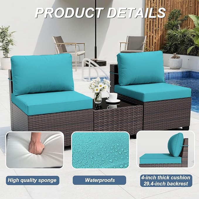 ALAULM Patio Furniture Set with Fire Pit Table 55000 BTU, Outdoor Sectional with Wide Seat and Thick Cushion, 15 Piece Wicker Rattan Conversation Set with Coffee Table for Garden, Deck, Turquoise