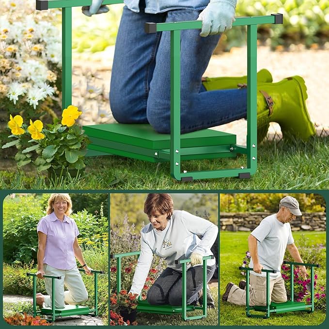 FLINTER Garden Kneelers Seat, Stable and Save Tip-Resistant Design 10.2" Wider Garden Kneeler and Seat with Handle, Heavy Duty Gardening Stool for Seniors, Gardening Weeding Bench for Parents - Green