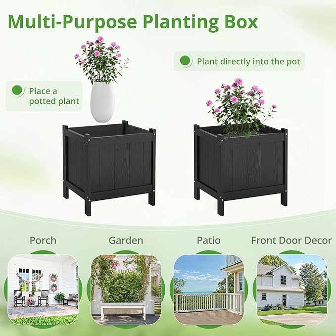 LUE BONA Outdoor Plant Pots, 13.7" x 12.5" x 14.5" HDPS Flower Pots with Drainage Holes, Outdoor Planters Boxes for Outdoor Plants - Porch Patio, Garden or Entryway, Black
