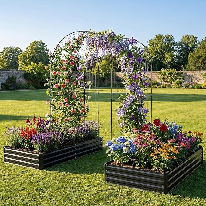 DTIG Galvanized Raised Garden Bed with Trellis, 6×3×1 FT 2 Pack Outdoor Garden Bed, Upgraded 4×3 Support, Black