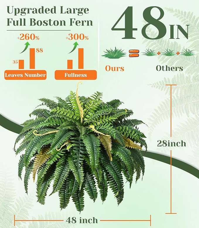 MARTINE MALL 2Pcs 48'' Fake Ferns Artificial Ferns for Outdoors Look Real, 88 Branches Large Faux Boston Fern for Outdoor Planter Realistic UV Resistant Hanging Artificial Fake Plants for Porch Patio