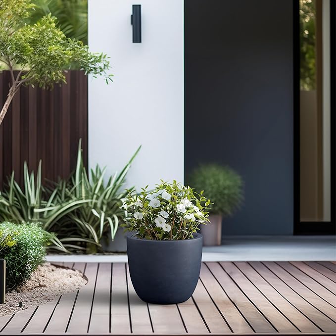 Kante 14 Inch Dia Round Concrete Planter, Indoor Outdoor Large Plant Pot with Drainage Hole and Rubber Plug for Home Patio Garden, Charcoal