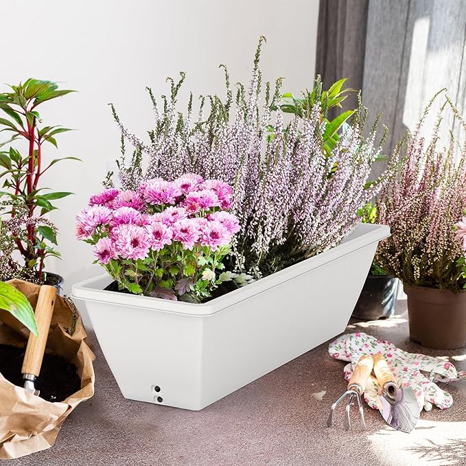 8 Pack 24 Inch Window Planter Box, White Large Plastic Rectangle Flower Planter Boxes with Water Absorbing Net Indoor and Outdoor Flower Pots for Windowsill, Balcony, Patio, Porch (White, 24 Inch)