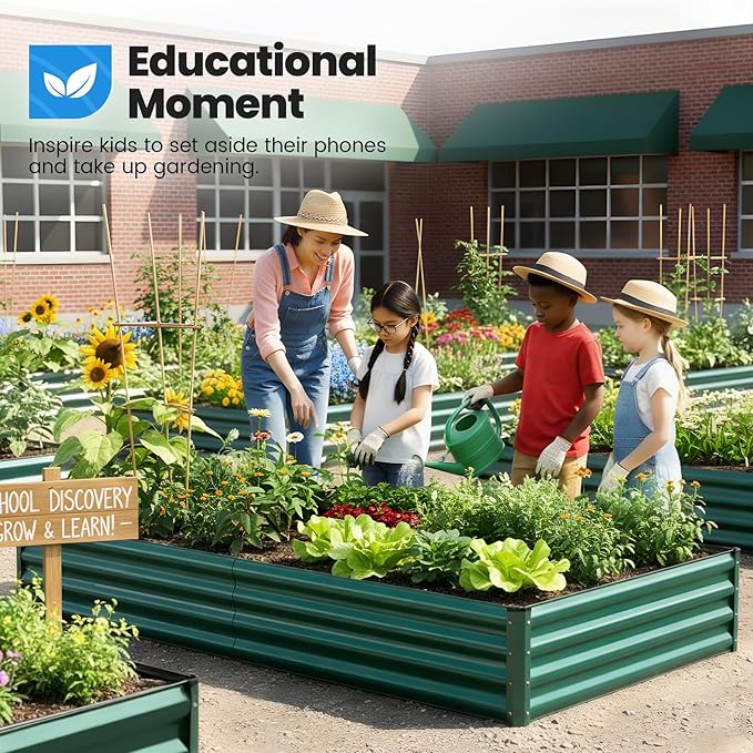Quictent Galvanized Raised Garden Bed 8x4x1 Ft Metal Planter Box for Vegetables Bottomless for Backyard, 2 Tomato Cages Included, Green 2PCS