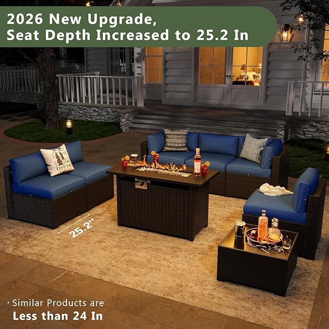 Aoxun 8 Piece Patio Furniture Set with 44” Fire Pit Table, Wicker Rattan Patio Sectional Sofa, Outdoor Furniture Set with Thickened Cushion, Blue