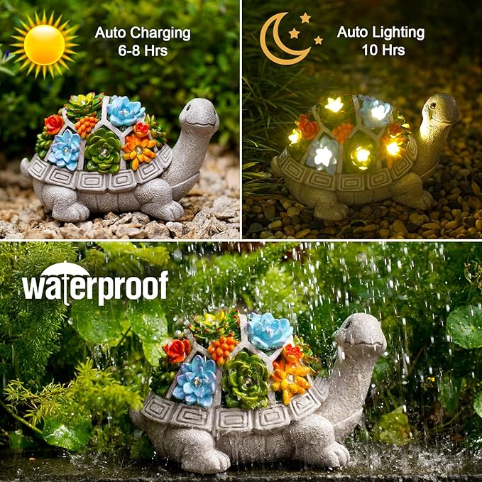 Nacome Solar Garden Outdoor Statues Turtle with Succulent and 7 LED Lights - Lawn Decor Tortoise Statue for Patio, Balcony, Yard Ornament - Chrismtas Gifts for Mom Grandma