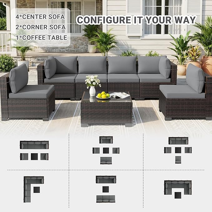 LEVELEVE 7 Pieces Outdoor Patio Furniture Sets,Rattan Conversation Sectional Set,Manual Weaving Wicker Patio Sofa with Tea Table