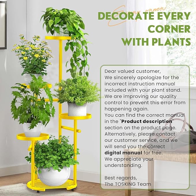 TOSKING 5 Tier Metal Plant Stand Indoor， Plant Shelf, Corner Shelf Flower Pot Stand for Outdoor Plant Stand for Living Room Balcony Garden Patio Bedroom (yellow, 38in)