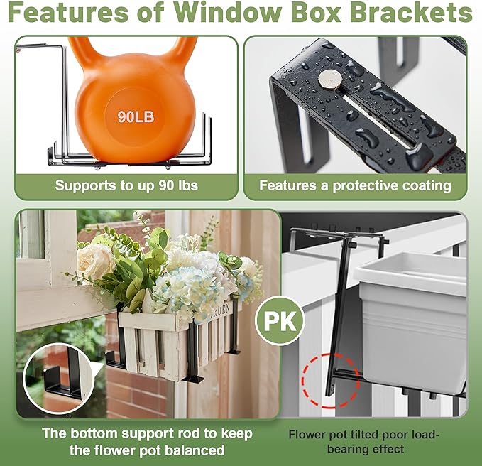 4 Pack Window Box Brackets, No Drill Adjustable Planter Box Brackets, Heavy Duty Deck Railing Planter Holders, Black Metal Flower Pot Hangers for Outdoor Gardens Balconies