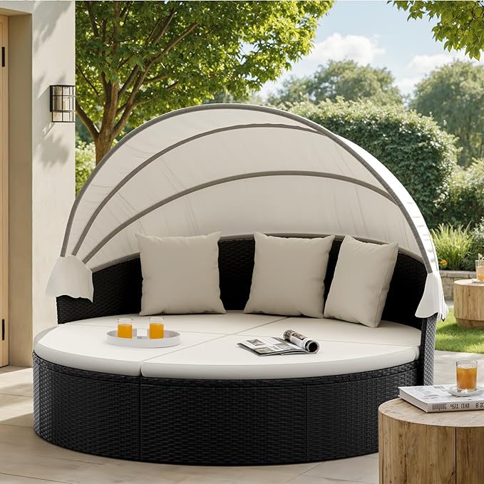 Patio Furniture Round Outdoor Daybed with Retractable Canopy Wicker Rattan Sectional Sofa for Lawn Garden Backyard Pool (Beige)