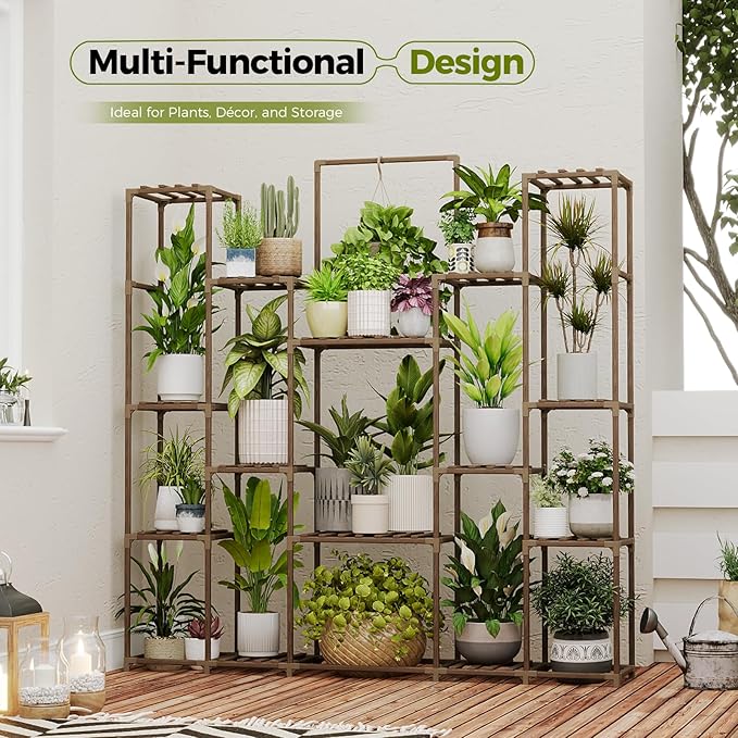 Bamworld Plant Shelf Indoor Hanging Plant Stand Outdoor Large Plant Shelves Tall Flower Holder wooden plant stand for Multiple Plants Plant Rack for Living Room Balcony Decor Garden Clearance Deals 17 Pots Plant Table