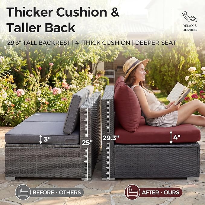 NICESOUL 9 Piece Large Patio Furniture Set with Fire Pit Table Propane/Natural Gas, 29.3'' High Back Wicker Outdoor Sectional Sofas, Wide Conversations for Heavy Weight, 2 Color Cushions Wine & Gray