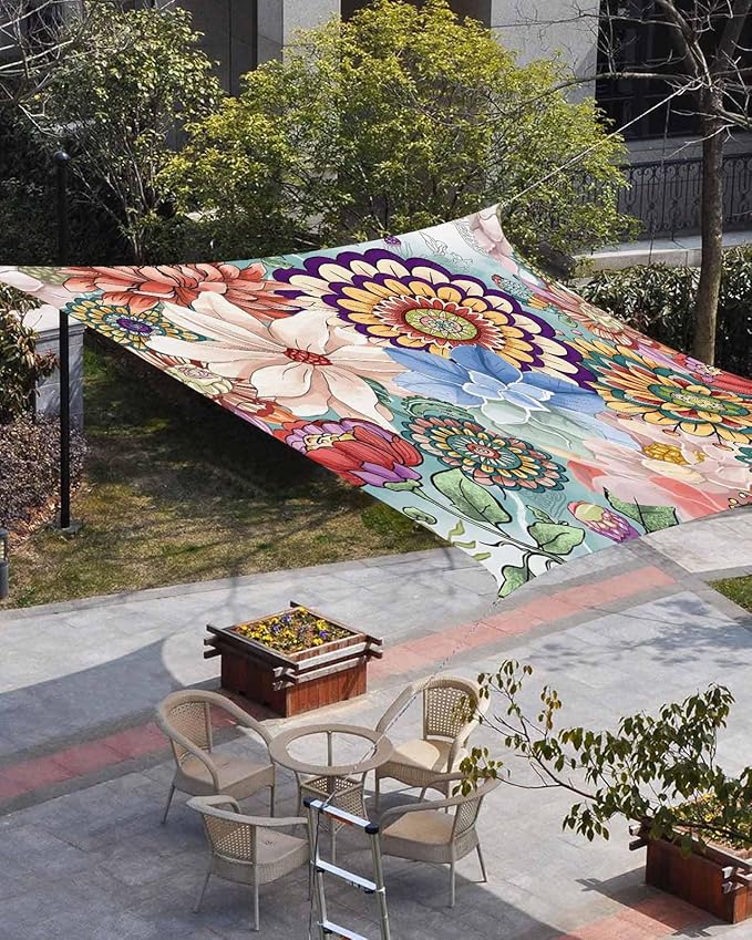 Sun Shade Sail 8'x10' Boho Floral Rectangle Sun Shade Sails Canopy Waterproof Mandala Flowers Plant Outdoor Sunshades Sand UV Block Cover Shade Cloth for Patio Backyard Garden Deck Porch Lawn