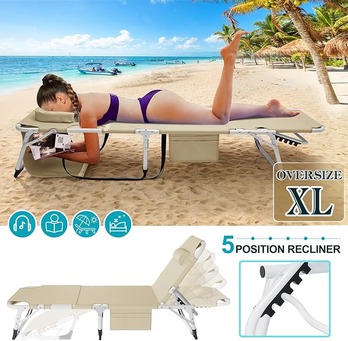 ABORON Heavy Duty Tanning Chair, Outdoor 5-Position Folding Chaise Lounge Chair with Pad, Portable Beach Lounge Chair for Outdoor Sunbathing Patio Pool Lawn Deck Poolside
