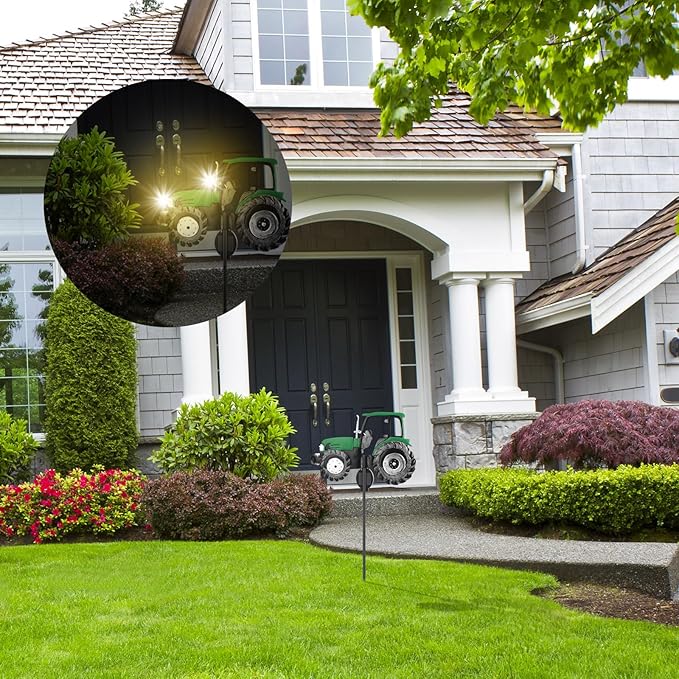 Solar Tractor Light Metal Yard Stake Solar Powered Light Up Metal Tractor Garden Stake Ornament for Walkway, Pathway, Lawn Decor