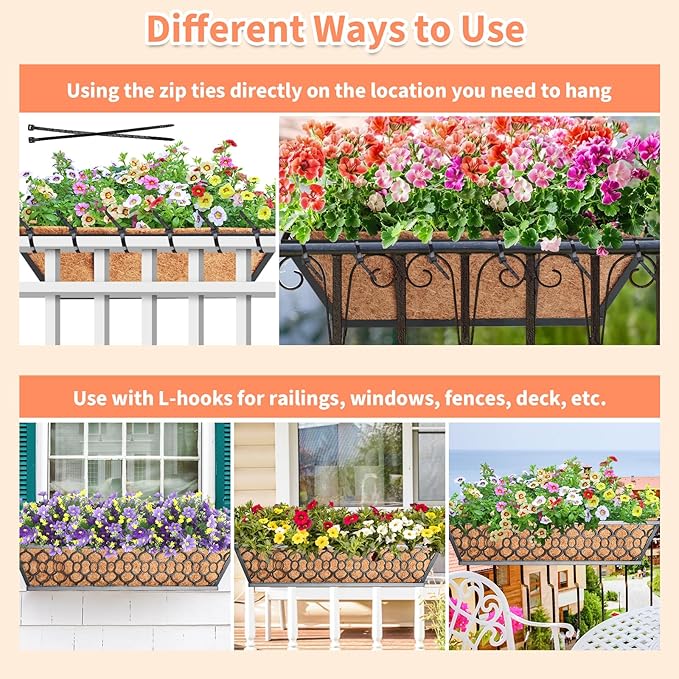 Riare 4 Pack 24 Inch Window Boxes Planters with Coco Liner, Metal Deck Railing Planter Boxes, Balcony Planters Railing Hanging, Horse Trough Window Flower Planter Boxes for Outdoor Porch Fence Patio