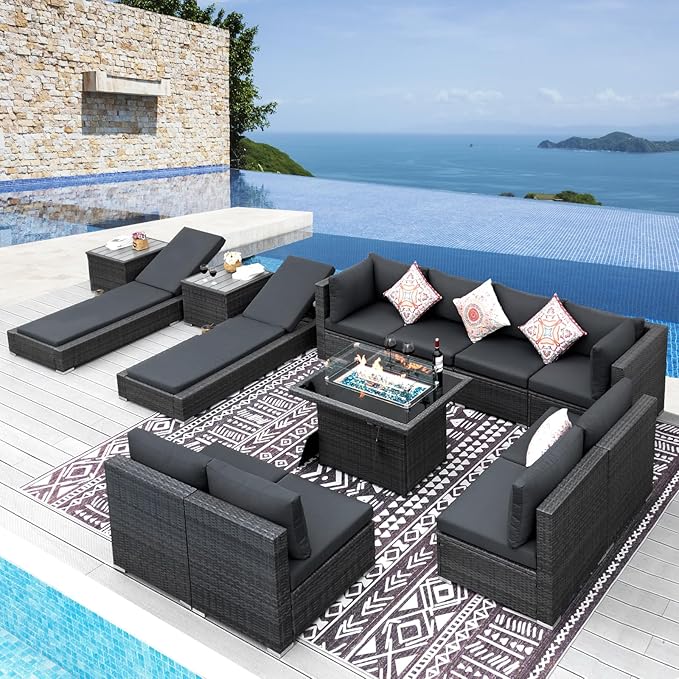 NICESOUL 13 Piece Patio Furniture Set with Fire Pit Table, Luxury Wicker Outdoor Patio Sectional with Fire Pit & Chaise Lounge, 29.3" Highback Extra Large Size Wide Deep Seating, Dark Gray