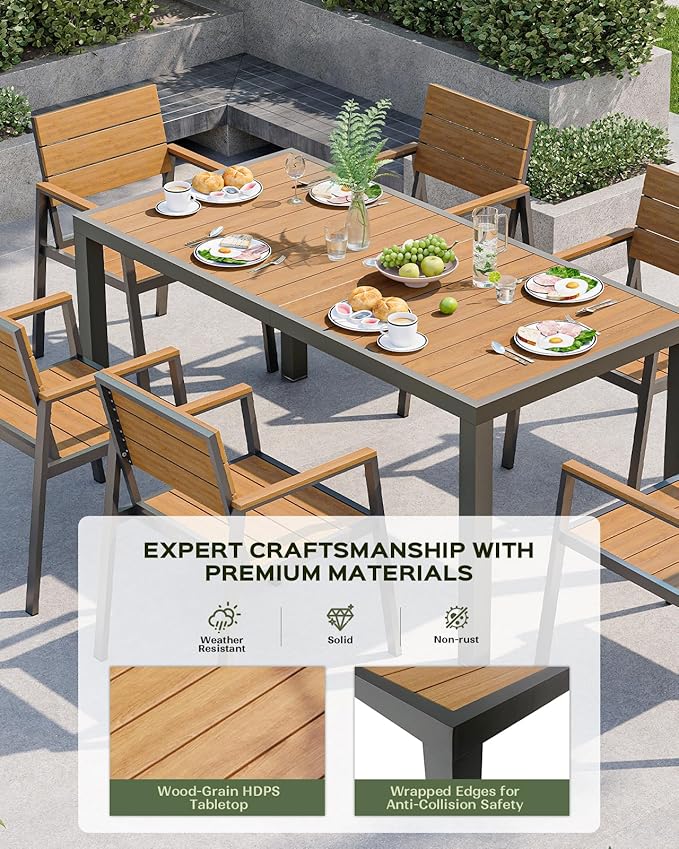 7-Piece Outdoor Dining Set, Aluminum Dining Table Set for 6, Patio Table and Chairs Set with Umbrella Hole, All Weather HDPS Outdoor Table and Chairs for 6 (Gray-Teak)