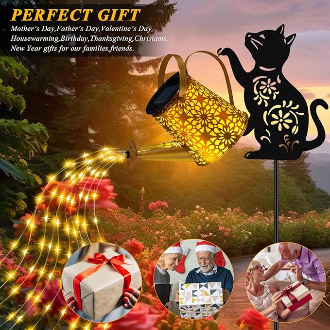 Solar Lights Outdoor Decorative, Watering Can with Cascading Lights, with Cat Silhouette Garden Stakes, Waterproof Metal Garden Decor for Yard Art, Outside, Patio, Lawn 2PACK