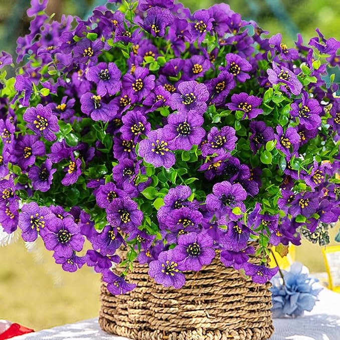 Artificial Flowers for Outdoor, UV Resistant Fake Silk Flowers, Realistic Faux Plants for Outside Indoor Porch Patio Window Box Planter Home Decor (20, Purple)