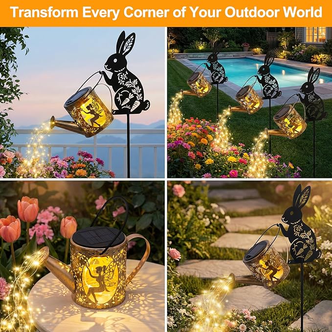 Solar Watering Can Light with Bunny Silhouette Stake & Fairy Design - Cascading LED String Light for Garden Yard Patio Decor, IP65 Waterproof Outdoor Gift for Mom, Women, Birthday, Housewarming
