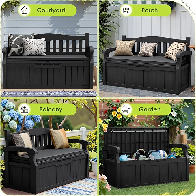 Greesum 80 Gallon Heavy-Duty Outdoor Storage Bench with Cushion, UV-Resistant Resin Bench with Armrest, Deck Box for Garden, Poolside, Patio, Black