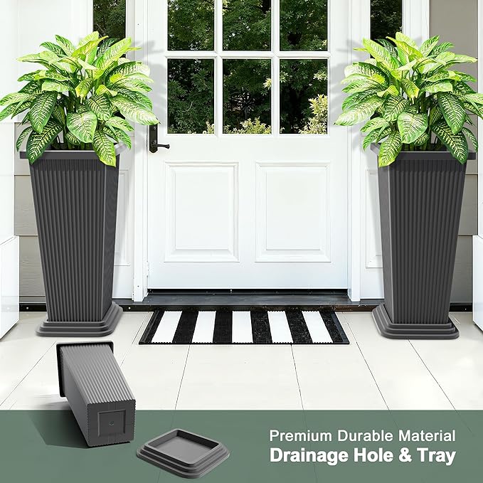 Set of 2 Tall Planters with Drainage Tray, 24 Inch Large Flower Pots for Indoor Outdoor Plants Mordern Planter Weather-Resistant for Patio, Front Door Decor, Garden (Gray Ribbed)