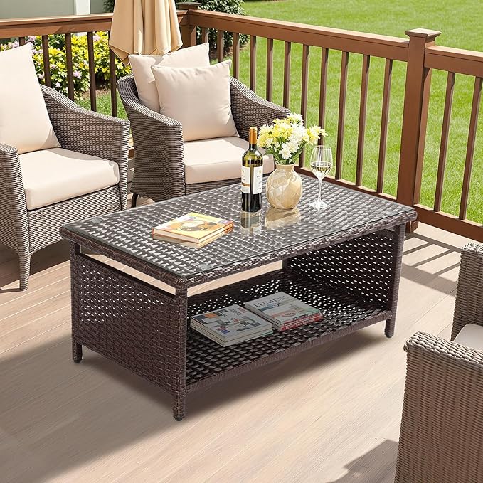 VINGLI Outdoor Wicker CoffeeTable Patio Coffee Tables for Outside, Tempered Glass Top Wicker Table with Storage Coffee Table for Patio Balcony Porch Deck (Brown)