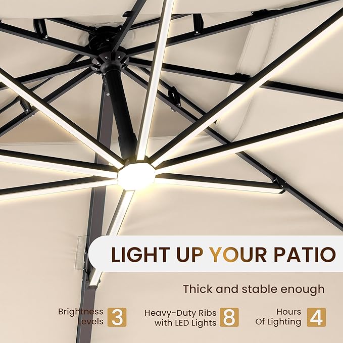 10 X 13 FT Cantilever Patio Umbrella with LED Lights Outdoor Heavy Duty Double Top Windproof Rectangle Offset Umbrellas with 360-degree Rotation for Pool Deck Backyard, Beige