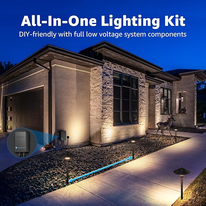SUNVIE All-in-One LED Low Voltage Landscape Lighting Kit 6 Pathway Lights 2 Spotlights with 60W Photocell Transformer 100FT Wire for Path&Garden, Aluminum, ETL Listed, Dusk to Dawn, Waterproof, 3000K