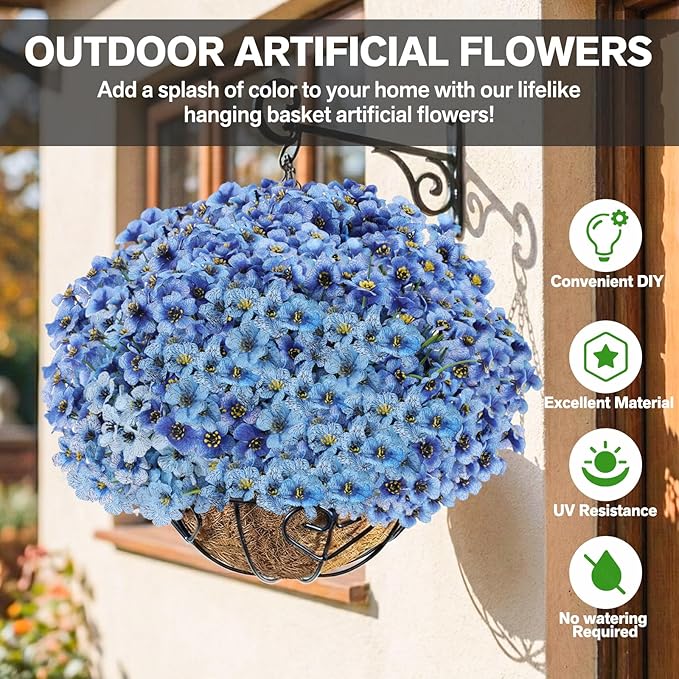 60 Pack Artificial Flowers for Outdoor Indoor Fake Plants, Faux Silk Flowers for Outdoors Outside Front Porch Hanging Planter Window Box Garden Spring Decoration(Blue)
