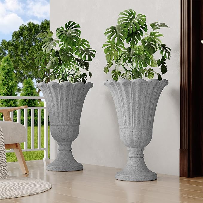 23" Tall Planters for Outdoor Plants Set of 2, Planter with Drainage Holes and Petal Design, Large Outdoor Planters for Porch, Garden, Indoor, Grey