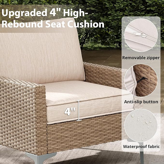 Jing's Villa 4-Piece Outdoor Sectional Sofa Set, All-Weather Wicker Patio Furniture with L/R armrest & Tempered Glass Table, Comfortable Garden Conversation Set for Backyard, Poolside, Deck,Beige
