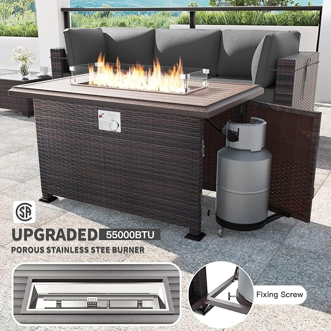 Kullavik 13 Pieces Outdoor Patio Furniture Set,PE Wicker Rattan Sectional Sofa Patio Conversation Sets with 43" 55000BTU Gas Propane Fire Pit Table,Swivel Rocking Chairs Set,Grey