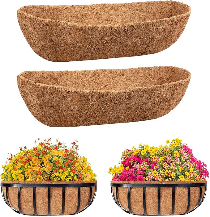 Riare 2 Pack 24 Inch Trough Coco Coir Liners for Planters, Pre-Formed Coconut Coir Replacement Liner Natural Coco Fiber Window Box Liners for Wall Planter, Window Basket Deck Railing Planter