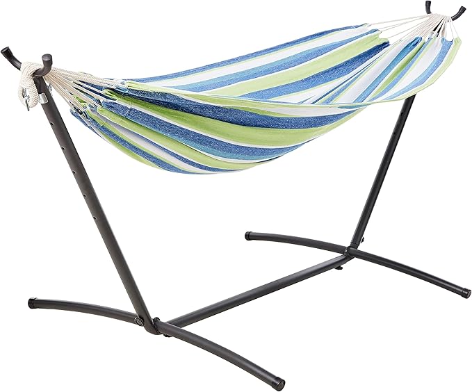 Amazon Basics Double Hammock with 9-Foot Space Saving Steel Stand and Carrying Case, 2 Person, 450 lb Capacity, Cotton Polyester, Oasis Stripe, 110" x 47" x 43"