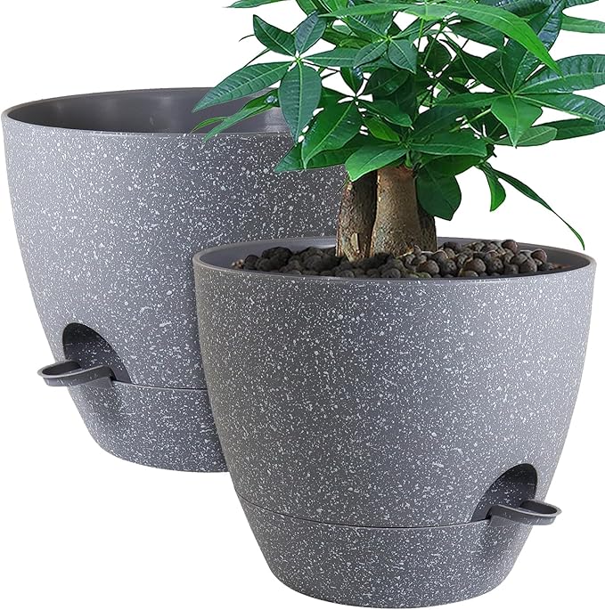 12inch 2Pack Large Self Watering Planters, Plastic Plant Pots with 60oZ Removable Deep Reservoir and Multi Mesh Drainage Holes for Indoor Outdoor Garden Plants and Flowers, Grey Speckles