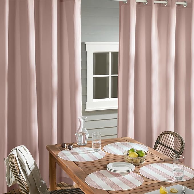 TOWN & COUNTRY BASICS Cabana Solid Heavyweight Indoor Outdoor Curtains, Light Filtering Opacity with Grommet Top, Water Repellent, 2-Pack Set, 54"x96", Blush