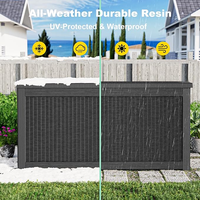 ROJIK Outdoor Storage Housing Deck Box,Waterproof Patio Furniture, Garden Tools, Cushions, Pool Accessories Storage Bench with Lockable Lid and Side Handles (Black,320 Gallon)
