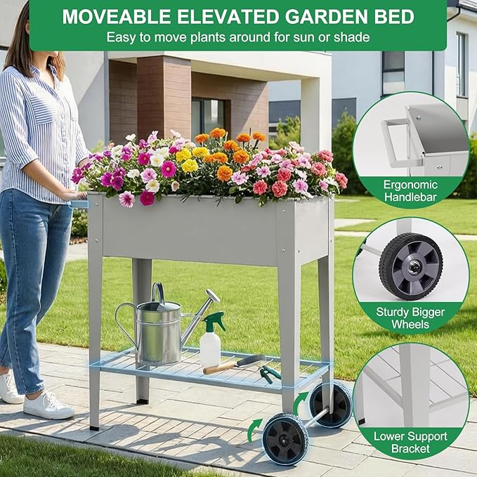 Elevated 32" Tall Raised Garden Bed with Legs and Wheels for Mobility, Metal Planter Boxes Outdoor with Shelf, Raised Bed for Gardening Vegetables/Herbs, Backyard, Patio, Balcony, Grey