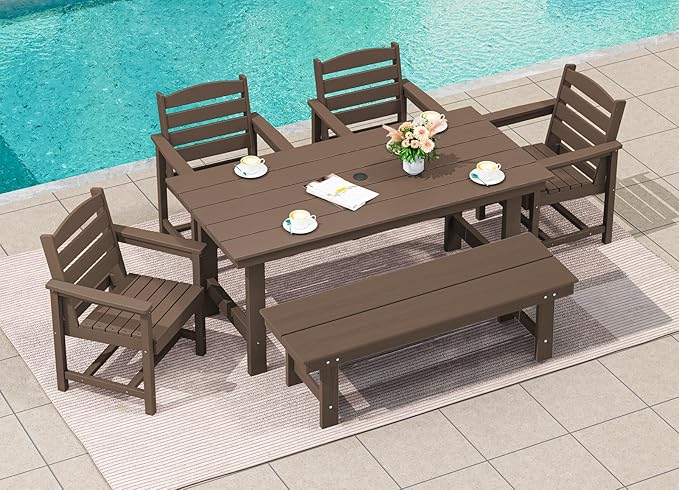 SERWALL Outdoor Dining Set for 6, HDPE Furniture Set with Umbrella Hole, All Weather Bench & Chairs, Coffee Table