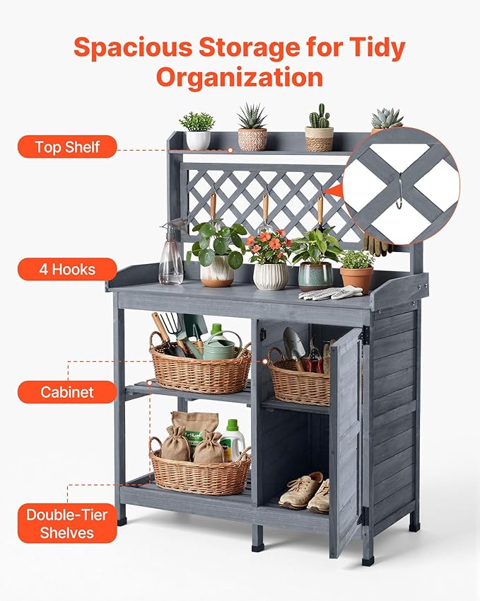 VEVOR Potting Bench Table, Outdoor Gardening Wooden Workstation with Storage Cabinet, Storage Shelves, 43 x 18 in Wood Tabletop, Garden Planting Work Station for Patio, Backyard, Balcony, Gray