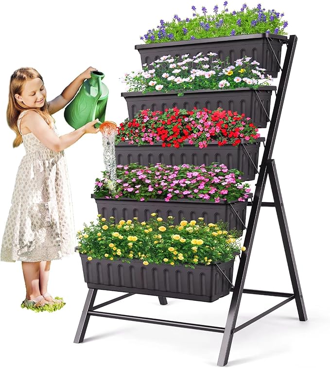 SEJOV 4FT Vertical Raised Garden Bed, 5 Tiers Elevated Planter Box for Herbs Vegetables Flowers, Graden Vertical Planter with Drainage System for Patio Balcony Garden Outdoor Indoor Plants (Black)