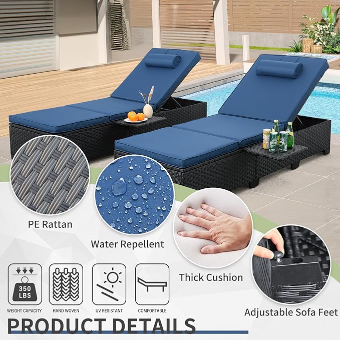 WAROOM Outdoor Chaise Lounge Chairs for Outside Patio Furniture Set of 2 Wicker Recliner Black Rattan Sunbathing Lounger Adjustable Backrest Pool Reclining Chair, Navy Blue Cushion