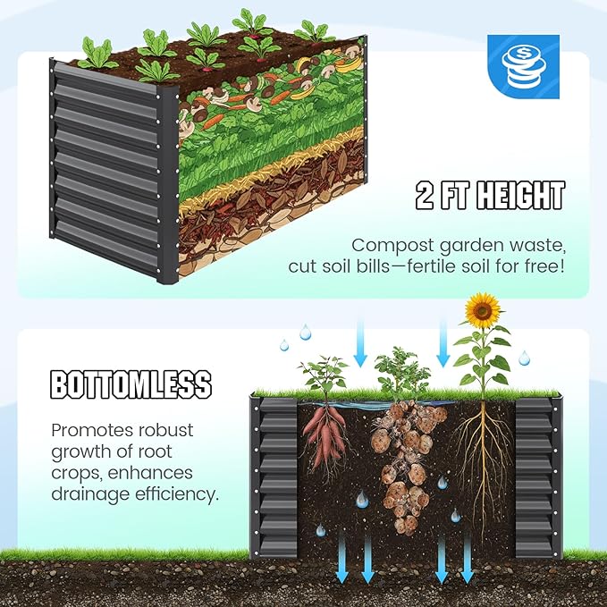 Quictent Galvanized Raised Garden Bed 4x3x1 Ft Metal Planter Box for Vegetables Bottomless for Backyard Dark Grey 2PCS