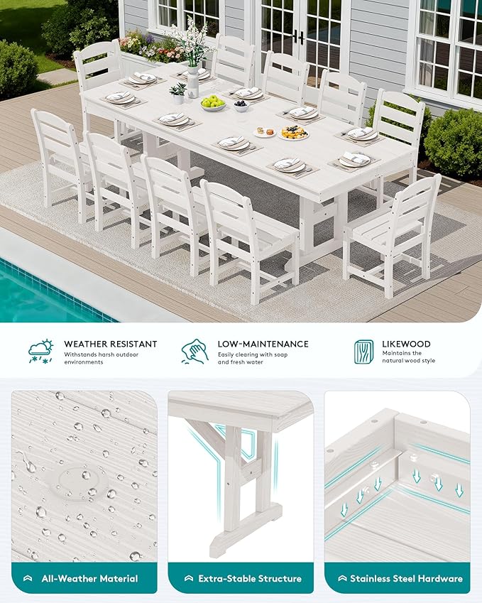 SERWALL 11 Piece Outdoor Dining Set, 84" HDPE Outdoor Table and Chairs for 10，All Weather Patio Furniture Set with Umbrella Hole for Backyard, Garden, White