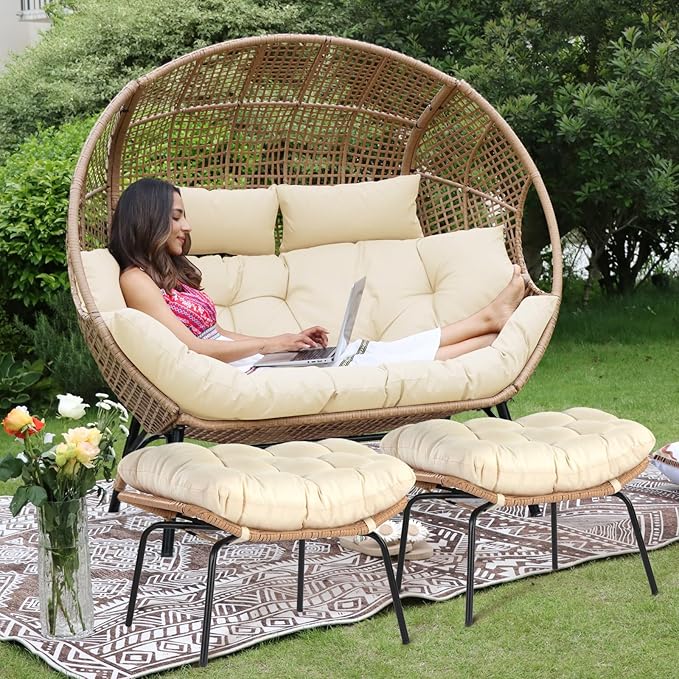 NICESOUL Modern Double Egg Chair with Footrest & Padded Cushions, 2 Person Wide Wicker Lounge Chair with Deep Seating, 57.1" Extra Large Stationary Loveseat Cozy Cream Chairs for Inside Outside