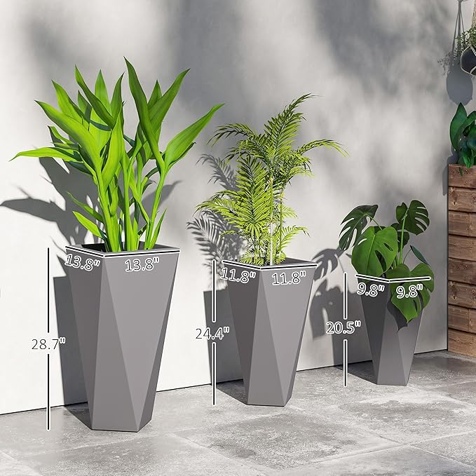 Outsunny Set of 3 Tall Planters, 28.75", 24.5", 20.5", MgO Indoor Outdoor Planters with Drainage Holes, Stackable Flower Pots for Garden, Patio, Balcony, Front Door, Gray