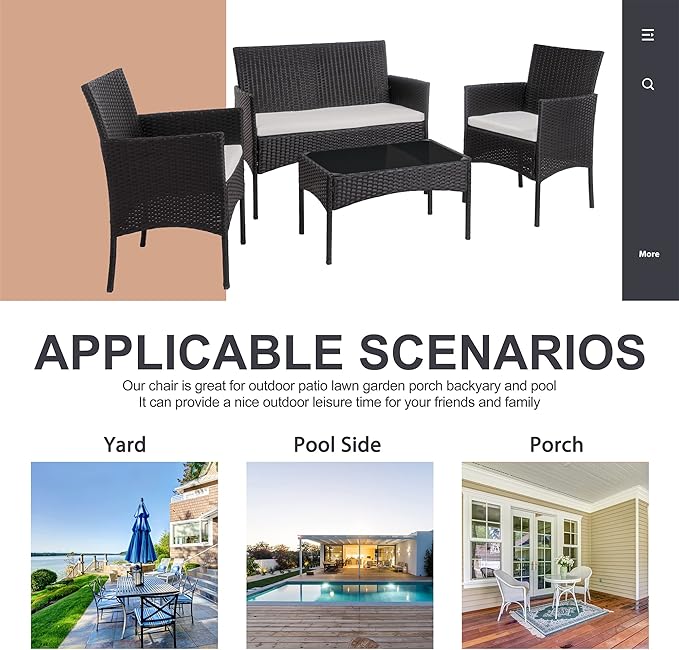 Shintenchi 4 Piece Outdoor Patio Furniture Sets, Small Wicker Patio Conversation Furniture Rattan Chair Set with Tempered Glass Coffee Table for Backyard Porch Garden Poolside Balcony,Black